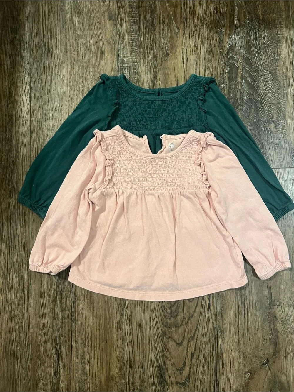 GAP Girls Long-Sleeve Smocked Ruffle Tops - Pink & Dark Green